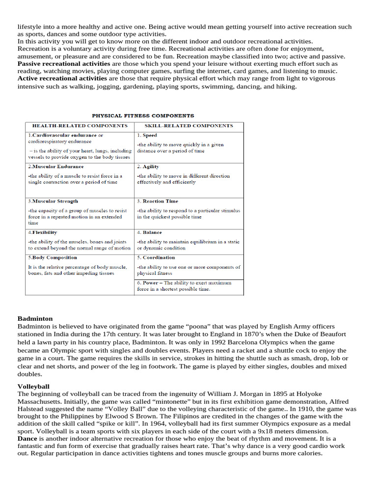 Active and Indoor Recreation Activities | PDF | Recreation | Physical ...