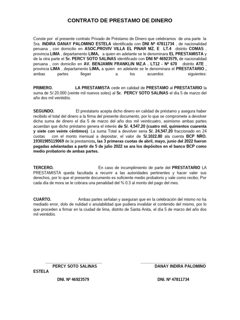 Contrato de Prestamo de Dinero | PDF | Bancario