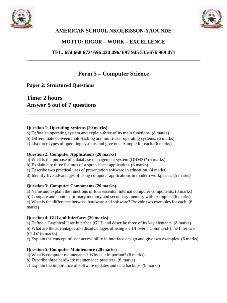 Computer Science Exam Paper - Form 5 | PDF