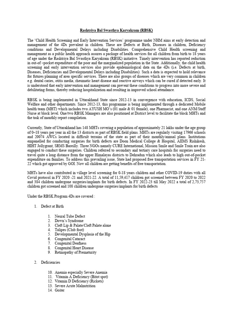 RBSK: Child Health Screening & 4Ds | PDF | Human Diseases And Disorders ...