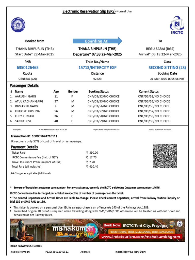 Electronic Reservation Slip for Train Booking | PDF | Identity Document ...