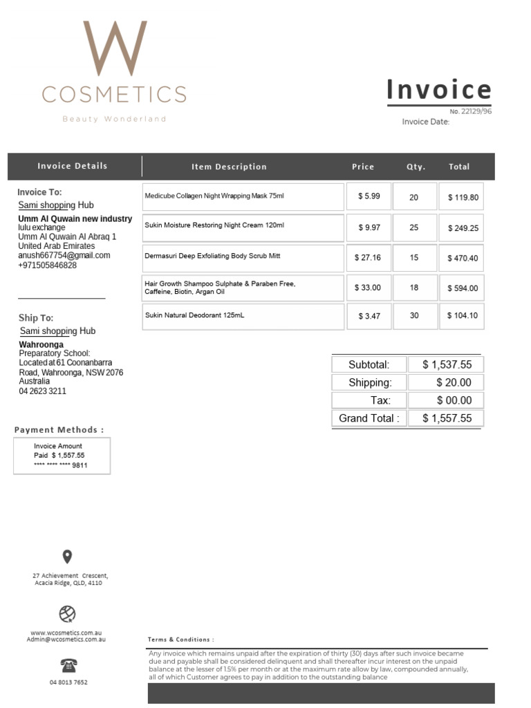 Invoice for W Cosmetics Purchase | PDF | Human Appearance ...