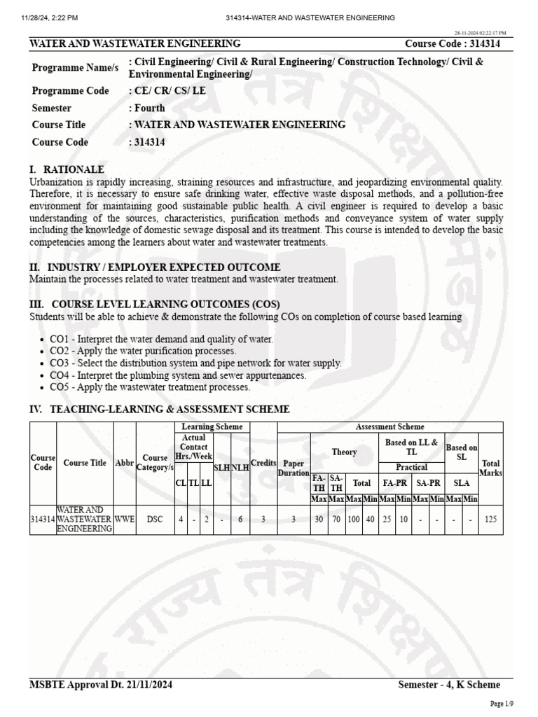 Water and Wastewater Engineering Syllabus | PDF | Sewage Treatment ...