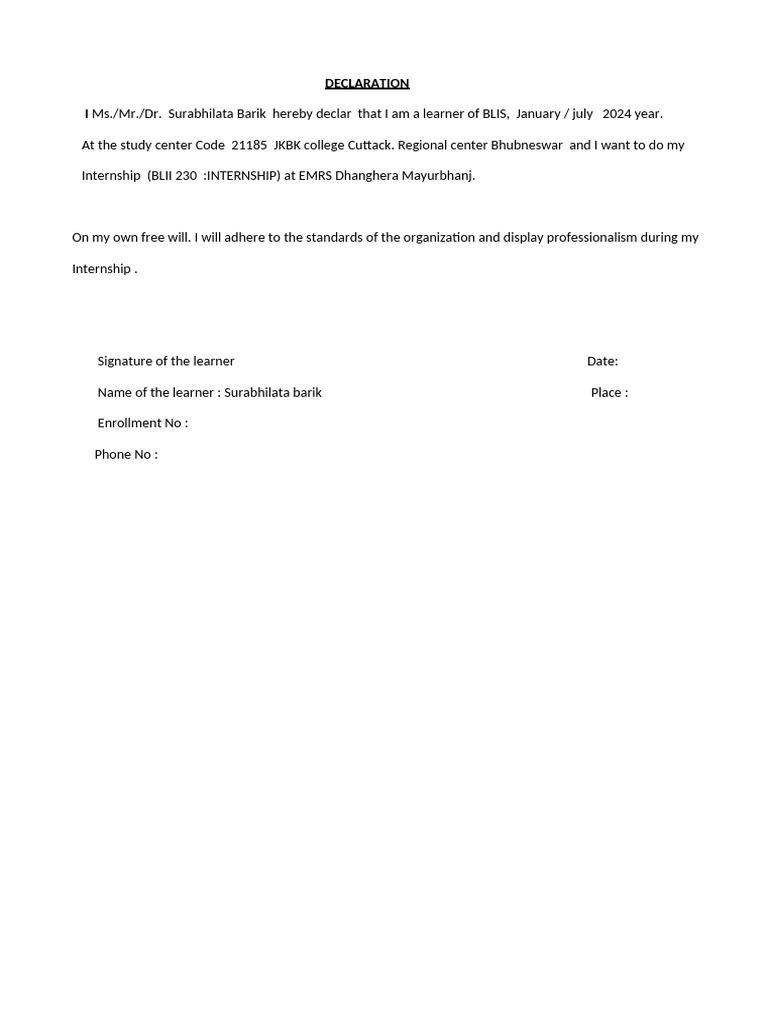 Internship Declaration for EMRS Dhanghera | PDF