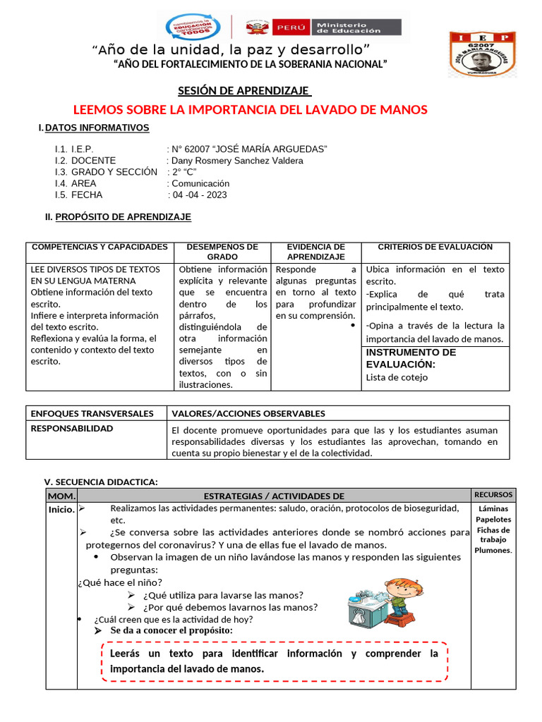 Importancia del Lavado de Manos en Clase | PDF | Pedagogía | Aprendizaje