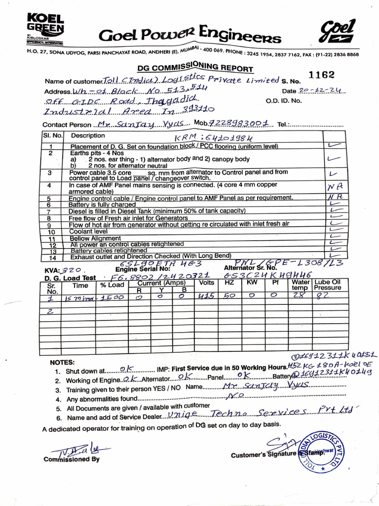 DG Test Report for Generator Parts | PDF | Electricity | Metrology