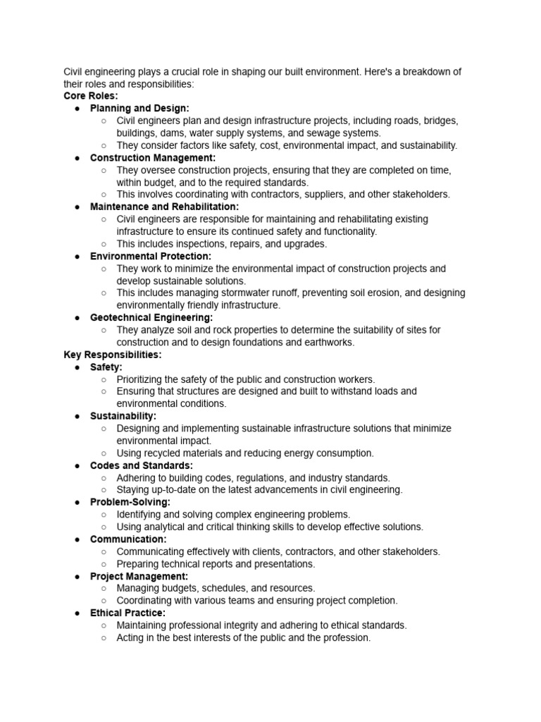 Civil Engineering Roles and Responsibilities | PDF | Civil Engineering ...