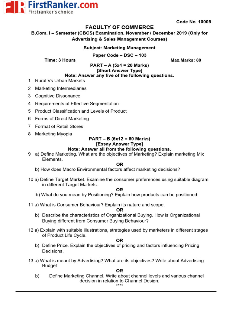 Marketing Management Exam Paper 2019 | PDF | Marketing | Consumer Behaviour