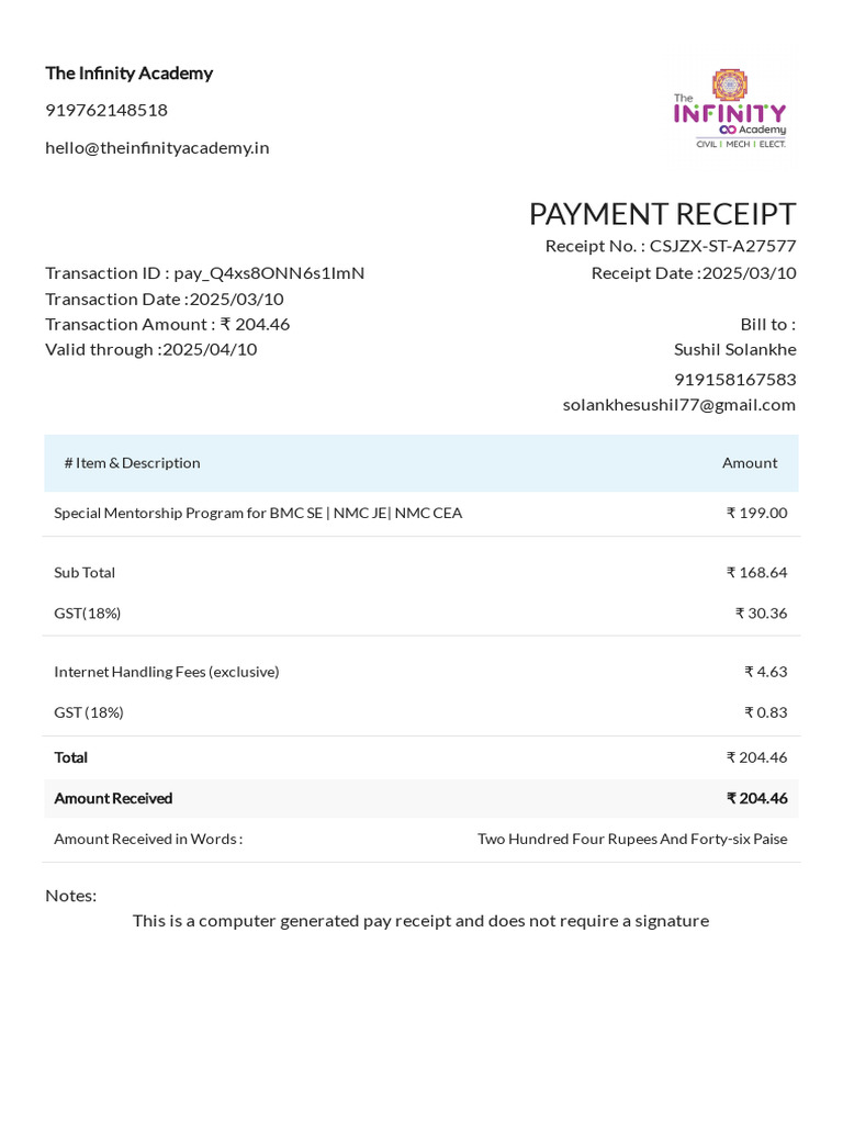 Infinity Academy Payment Receipt | PDF