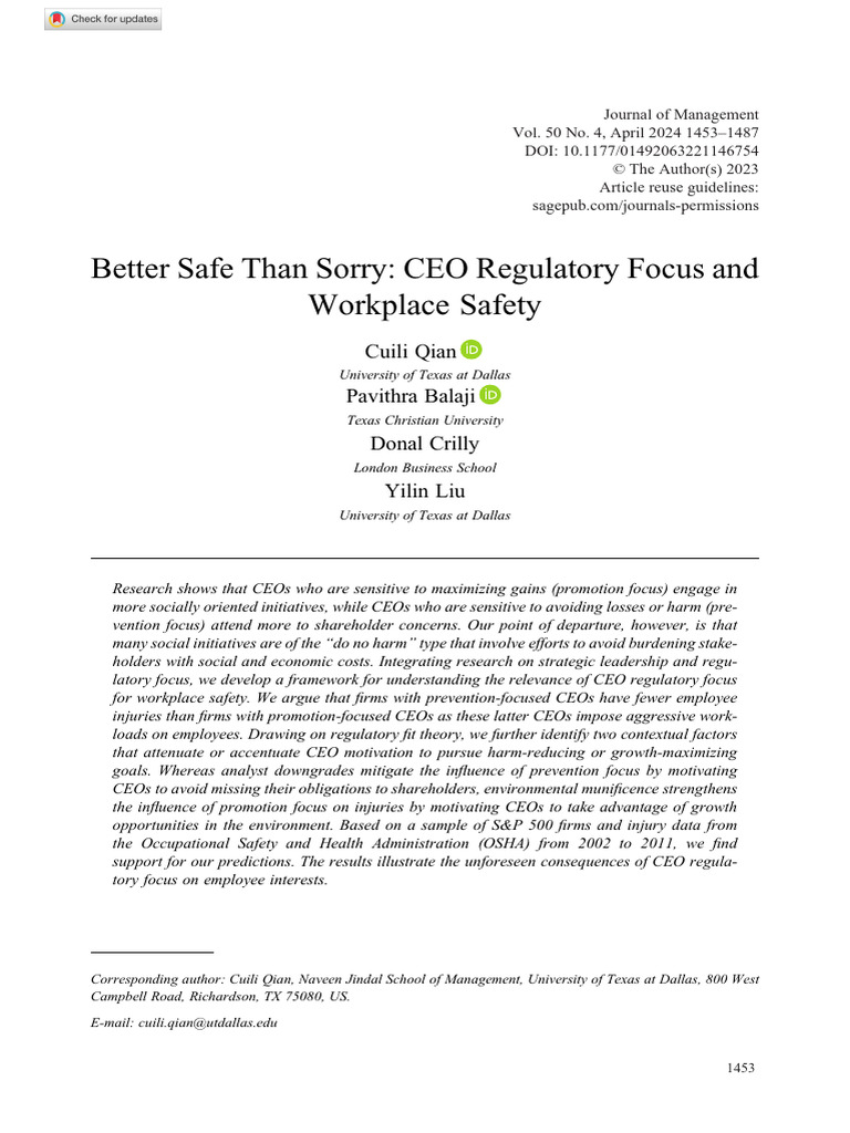 CEO Focus and Workplace Safety Insights | PDF | Occupational Safety And ...