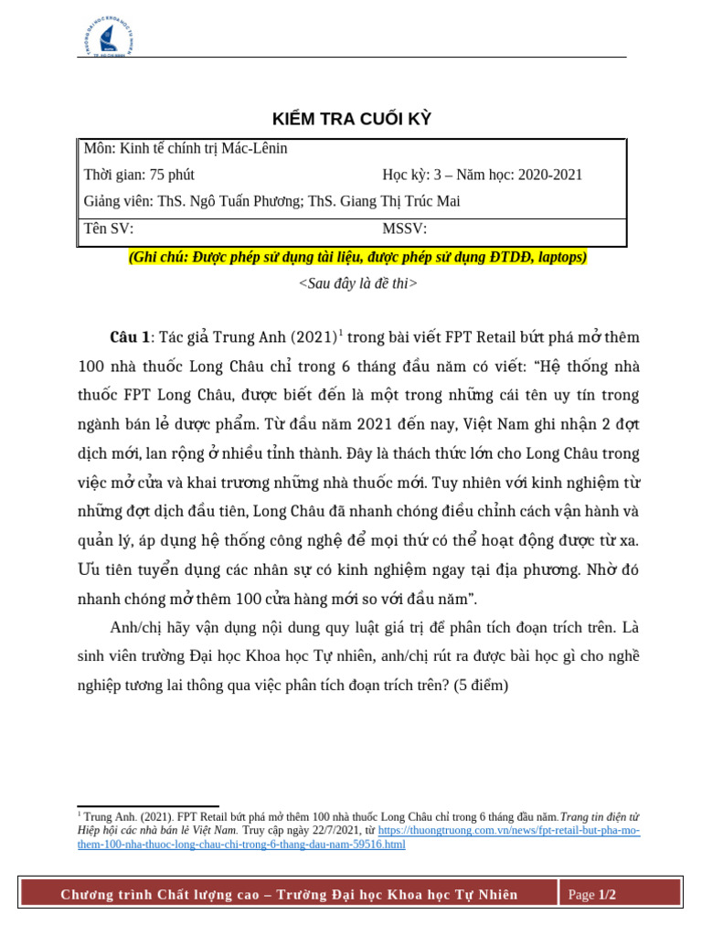 Đề Thi Ktct (Clc - hkhè - 2020) | PDF