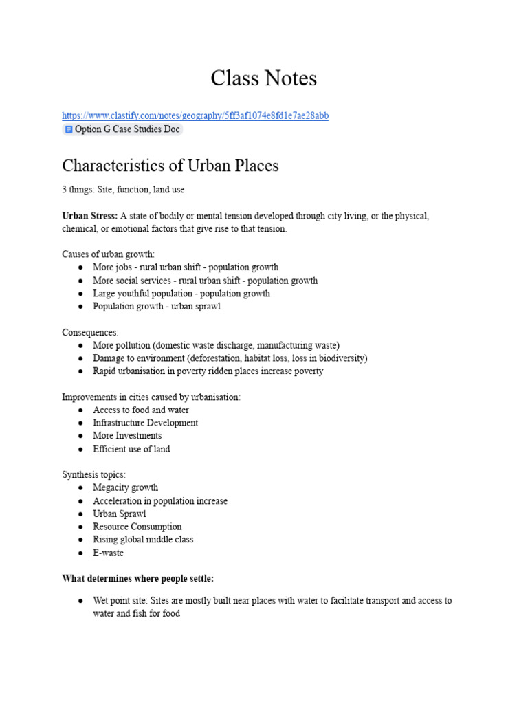 Option G Class Notes | PDF | Urban Sprawl | Urbanization