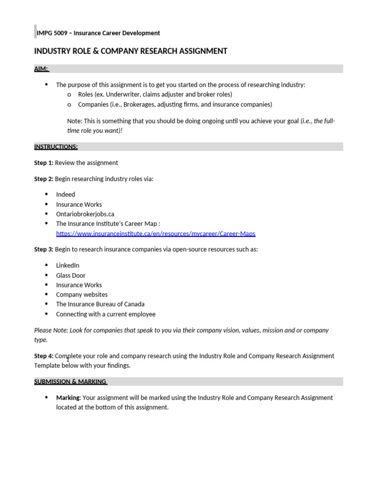 Industry Role and Company Research Assignment Insurance | PDF ...