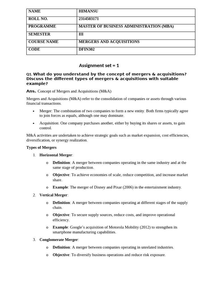 Mergers & Acquisitions Overview and Types | PDF | Mergers And ...