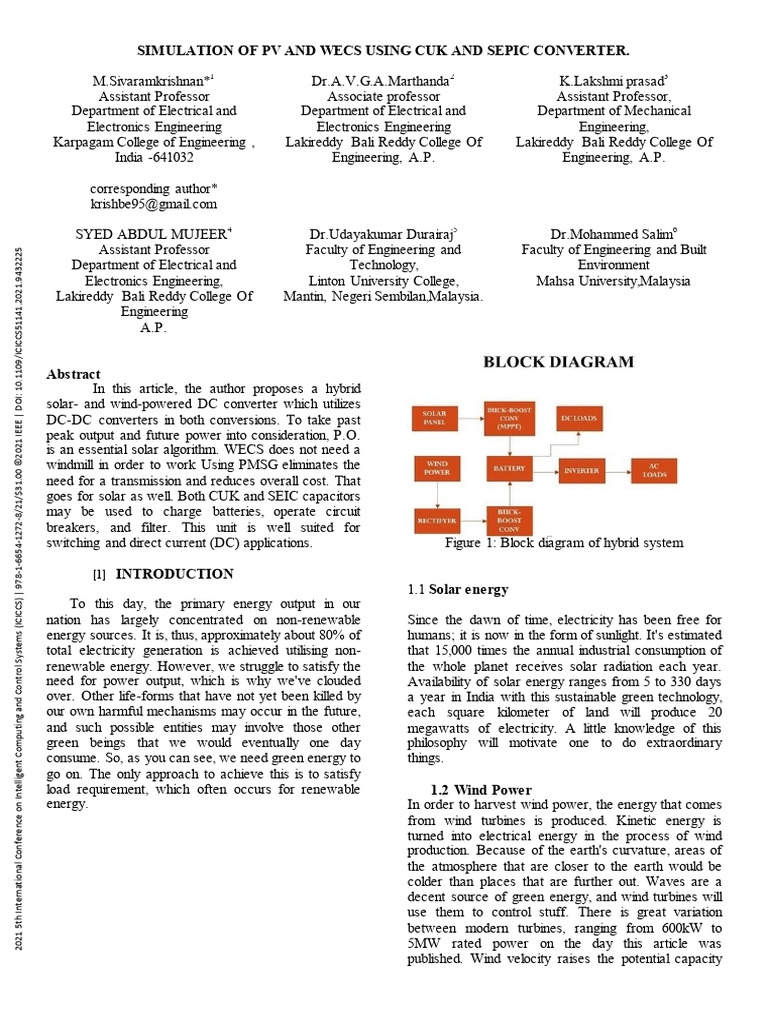 Simulation of PV and WECS Using CUK and SEPIC Converter | PDF ...