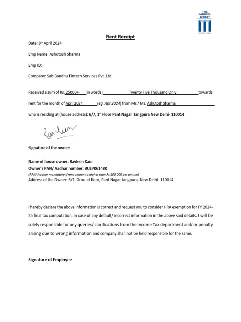April 2024 Rent Receipt Template | PDF