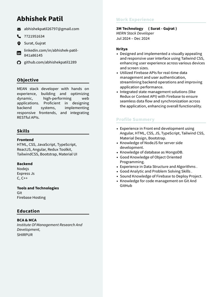 MEAN Stack Developer Profile Summary | PDF | Computer Programming ...