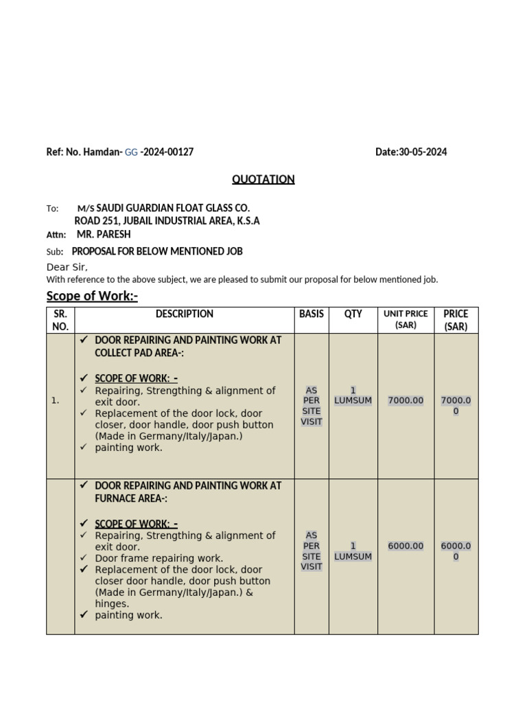 127 Quotation For Door Repairing PDF Door