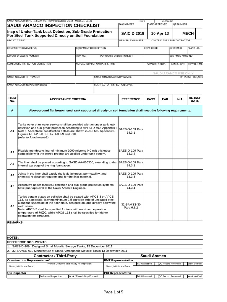 Saudi Aramco Inspection Checklist for Tanks | PDF | Mechanical Engineering