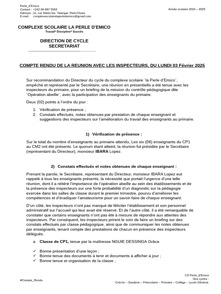 Compte Rendu Réunion Inspecteurs École 2025 | PDF