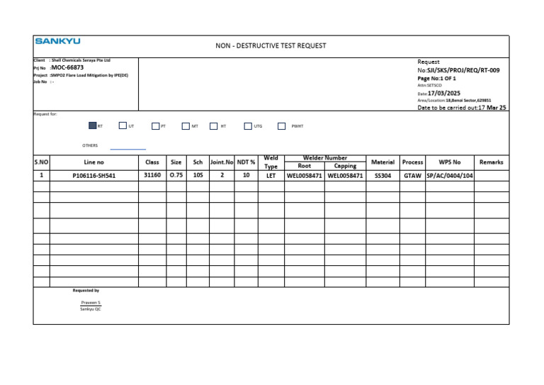 RT-009 Non-Destructive Test Request | PDF