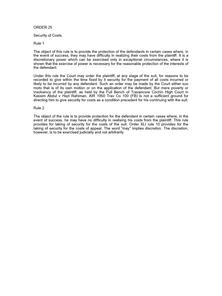Security of Costs Under Order 25 | PDF