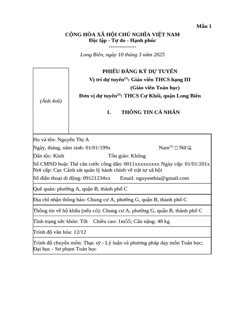 Mau Ke Khai Phieu Dang Ky Du Tuyen - 103202513 | PDF