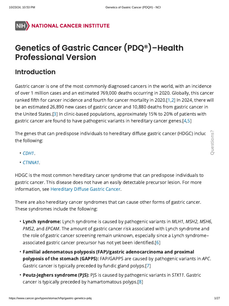 Genetics of Gastric Cancer (PDQ®) - NCI | PDF | Cancer | Medicine