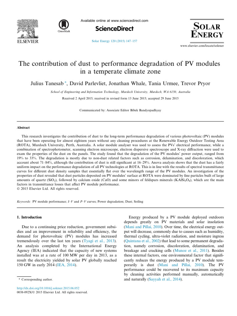 Dust Impact on PV Module Performance | PDF | Photovoltaics | Solar Panel