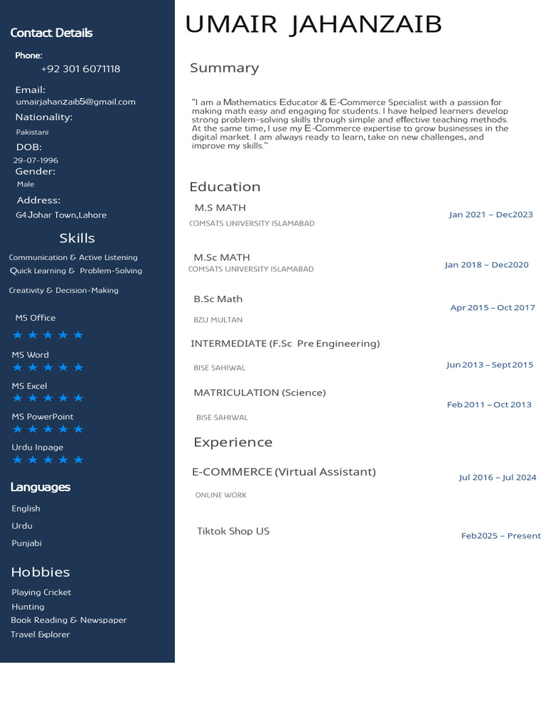 Umair Jahanzaib: Math Educator & E-Commerce Expert | PDF