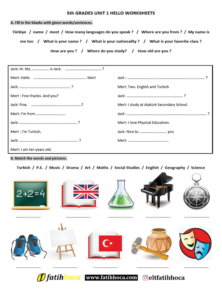 5th Grade Hello Worksheets | PDF