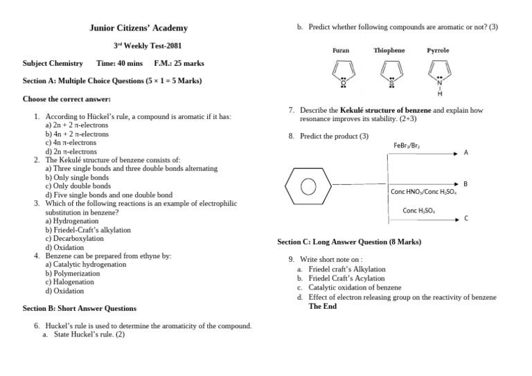 Benzene Chemistry Test Overview | PDF | Aromaticity | Benzene