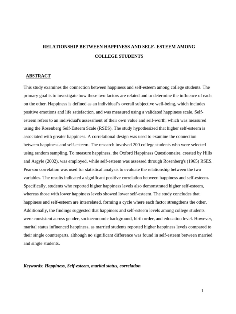 Test 4 Relationship Between Happiness and Self - Esteem Among College ...