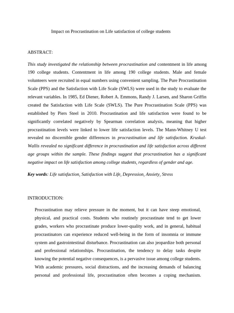 Procrastination's Impact on College Life Satisfaction | PDF ...