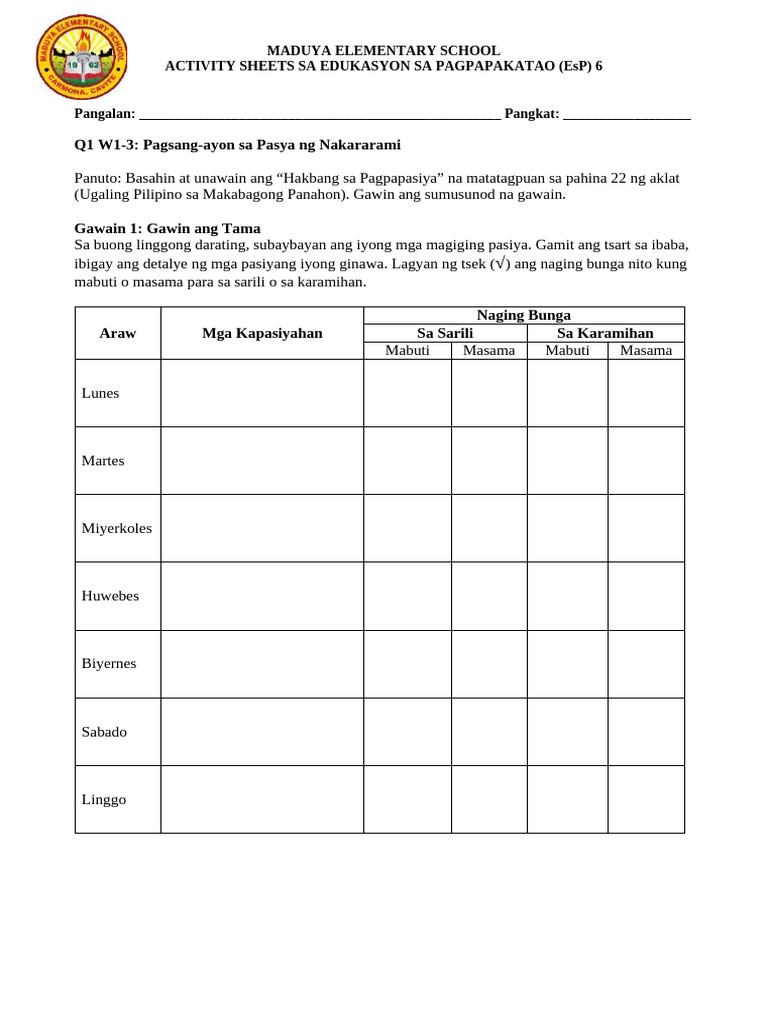 EsP Quarter 1 Week 3 | PDF