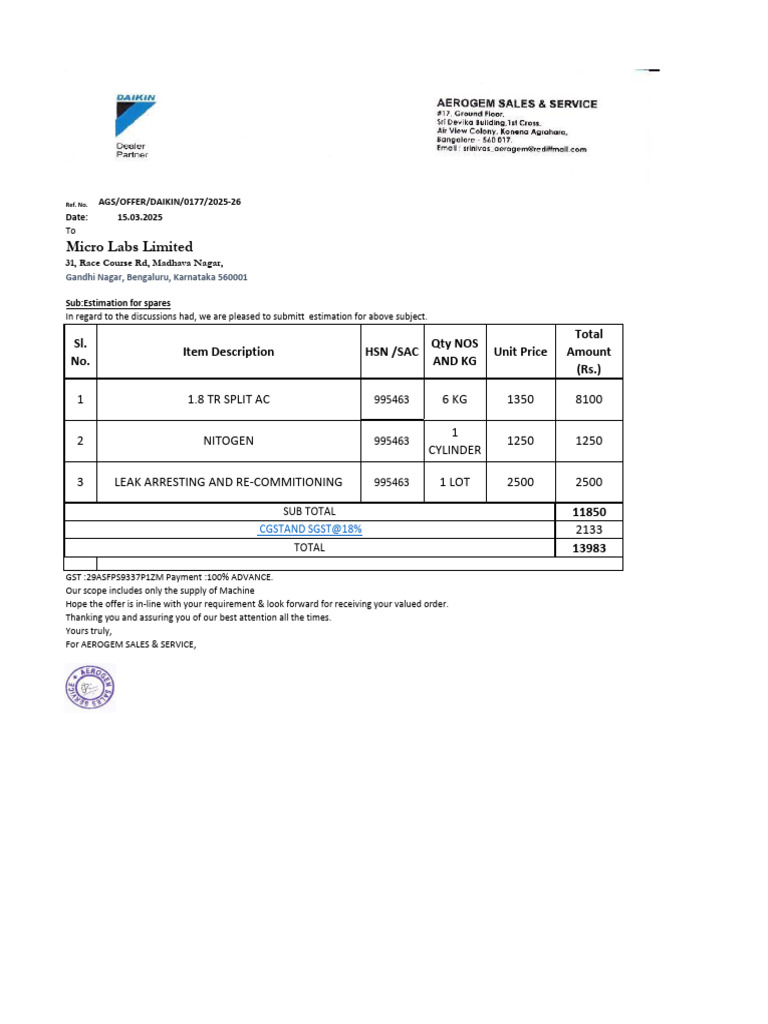 Aerogem Spare Quotation For Microlabs | PDF