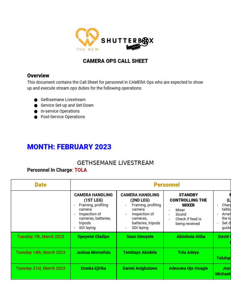 February 2023 Camera Ops Call Sheet | PDF | Sound Production Technology ...