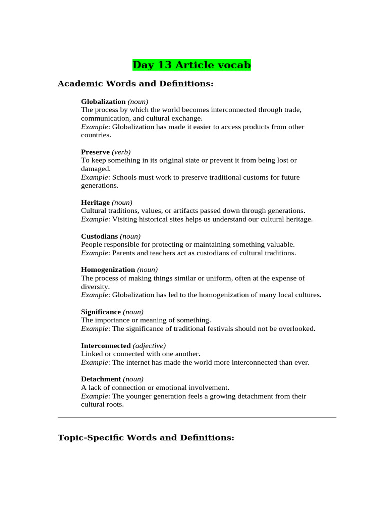 Day 13 Article Vocab | PDF | Traditions | Noun