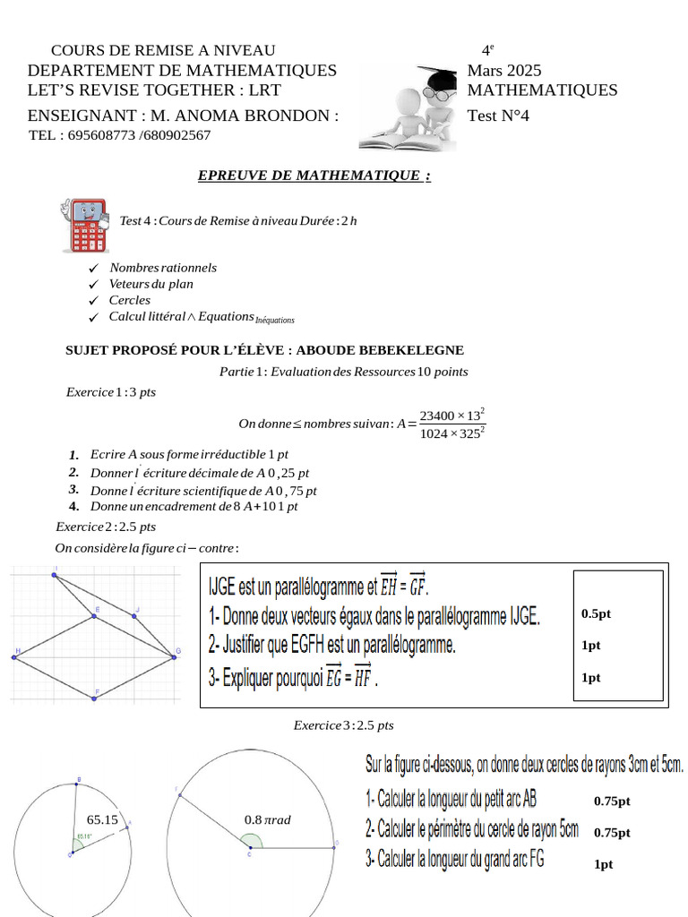 Cours de maths 4e Remise à niveau PDF Mathématiques — free download