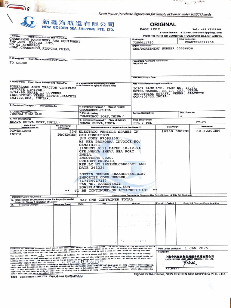 Final Bill of Lading for Power Supply | PDF