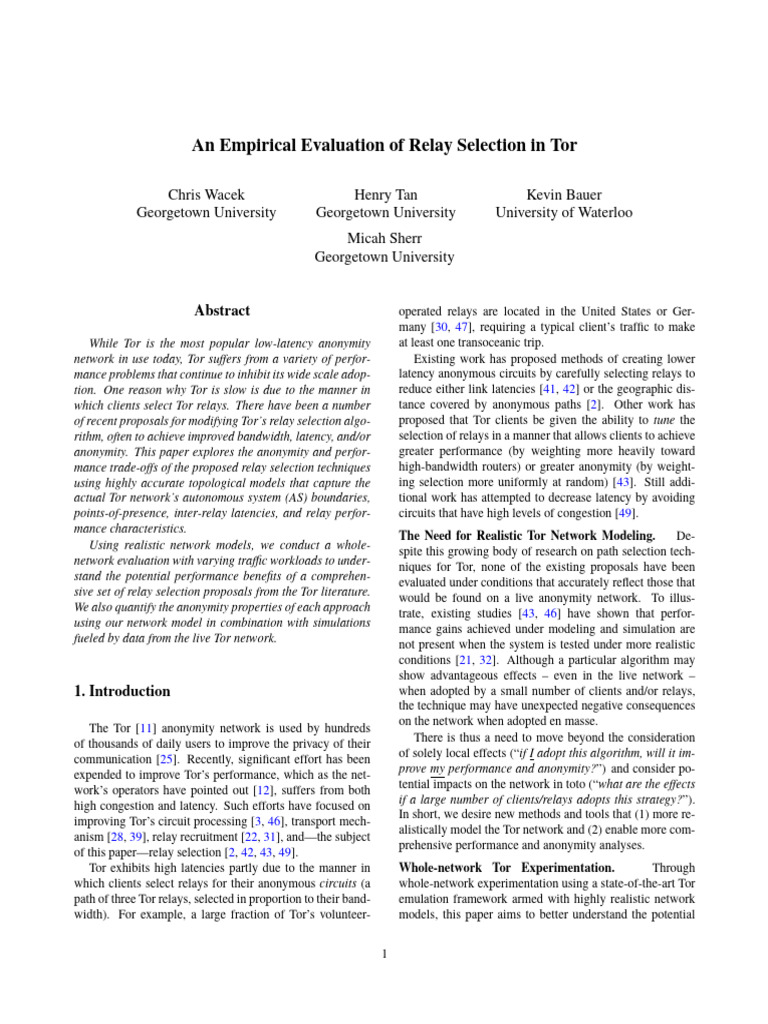 Evaluating Tor Relay Selection Methods | PDF | Computer Network ...