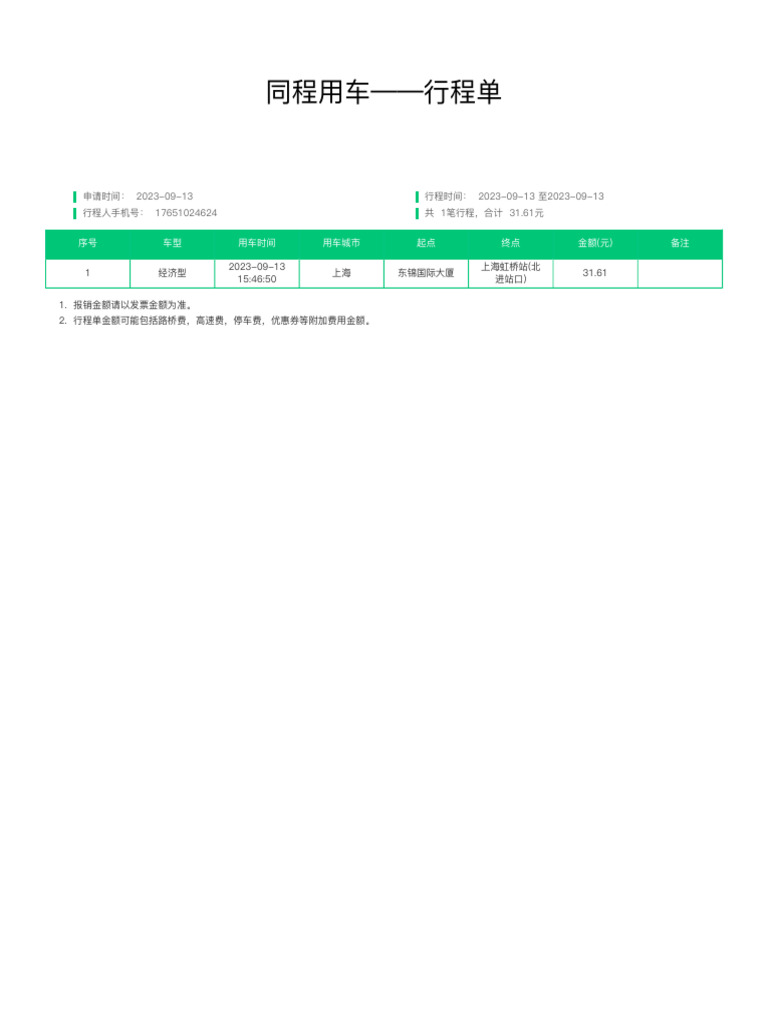 同程用车行程单_2023-09-13 | PDF