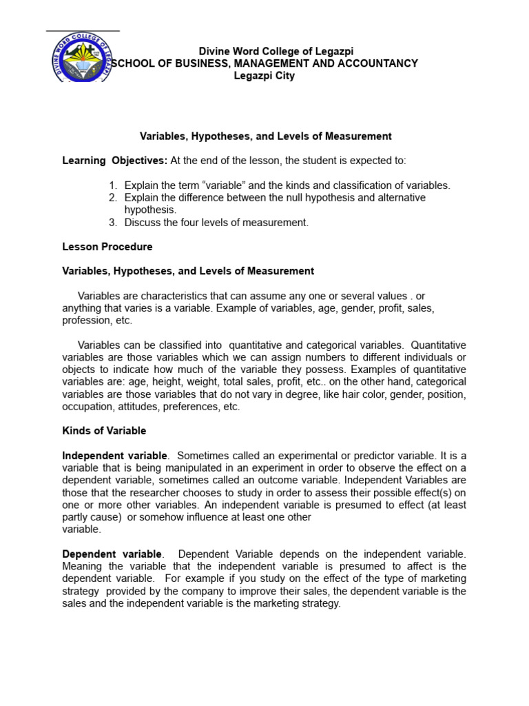 Variables and Hypotheses in Research | PDF | Level Of Measurement ...