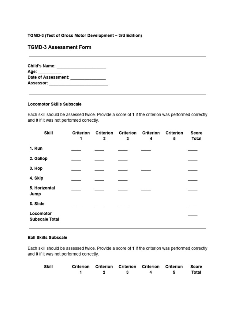 TGMD-3 Assessment Score Sheet | PDF
