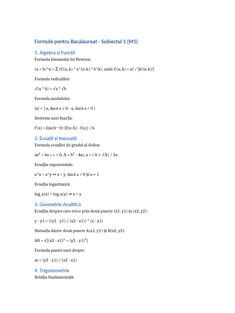 Formule BAC Matematica Subiectul1 | PDF