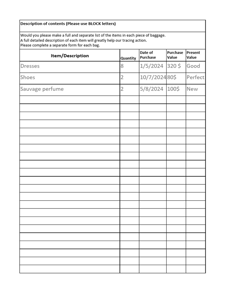 Baggage Itemization Form | PDF