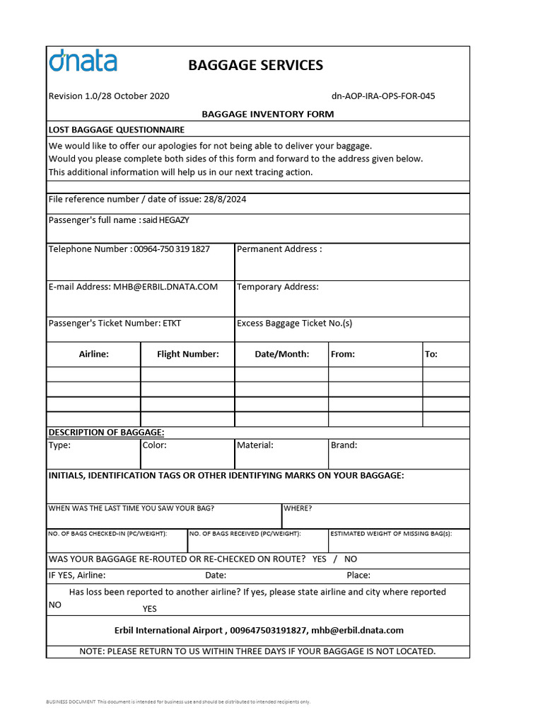 Dnata Baggae Inventory Part 01 | PDF