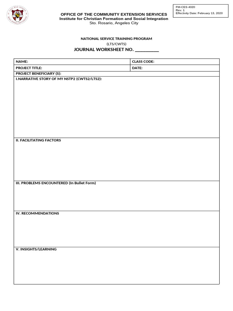 NSTP Journal Worksheet Template | PDF
