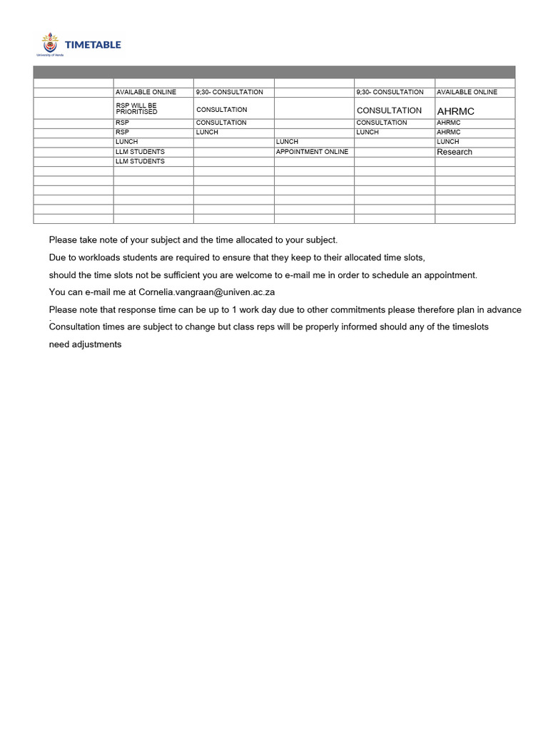 MTC and CRP Time Table and Consultatin Times 04 02 2024 | PDF