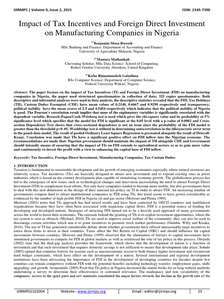 Tax Incentives and FDI in Nigeria's Manufacturing | PDF | Taxes ...